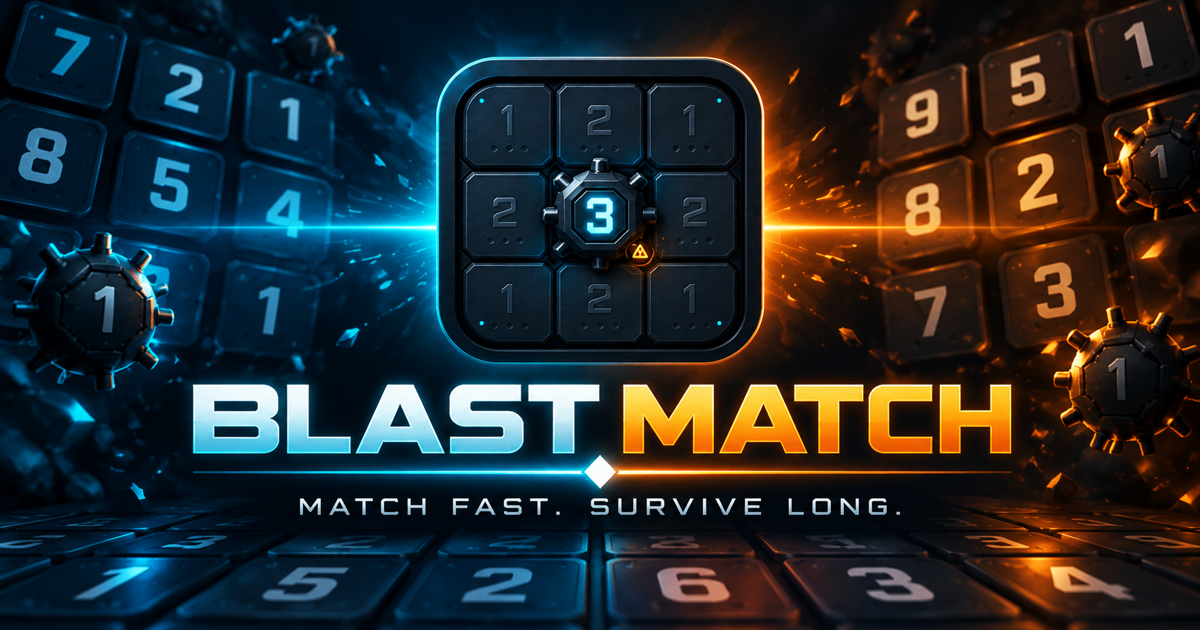 Blast Match artwork with number tiles, mines, and cyan and orange energy