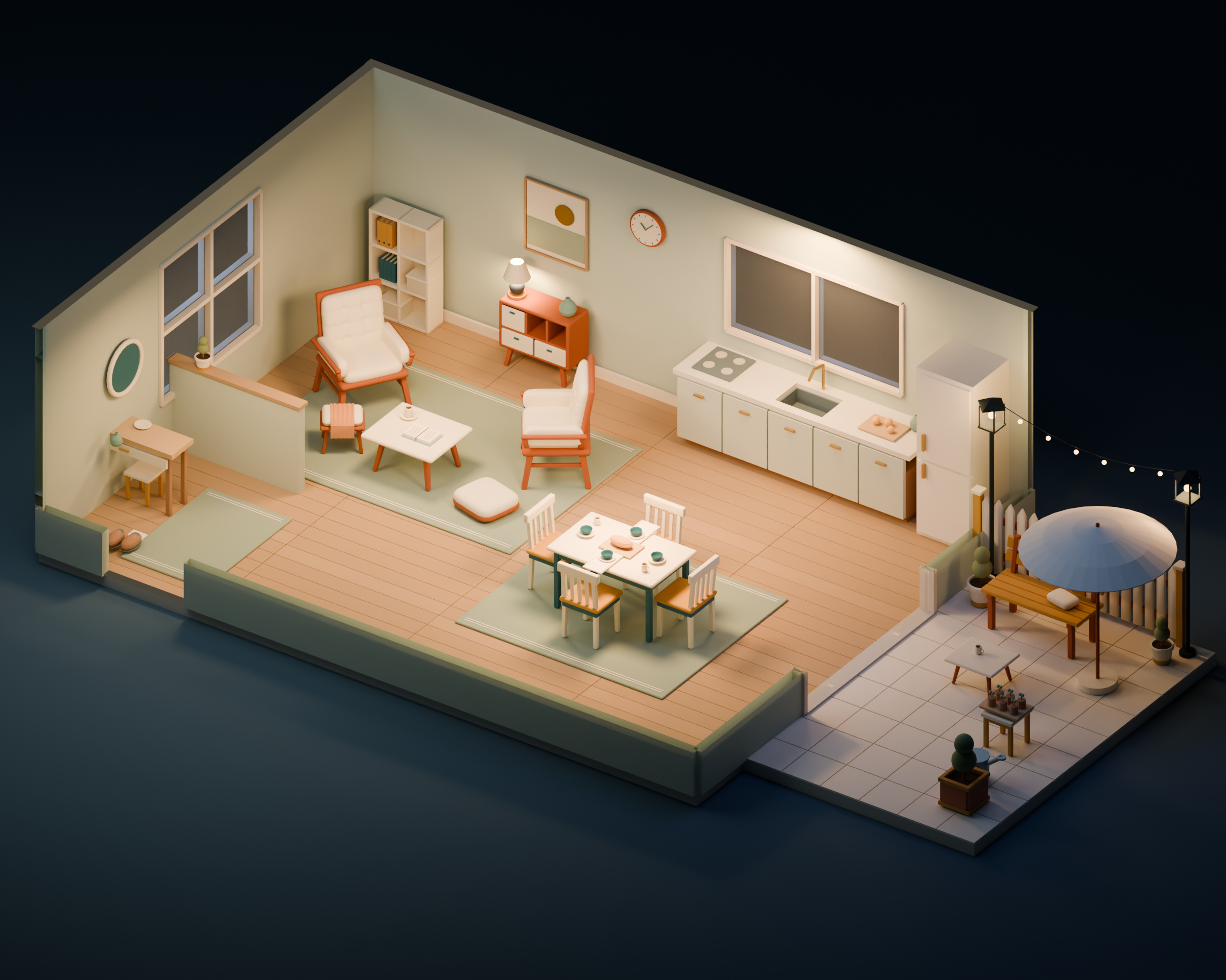 Complete connected-home example rendered in evening lighting from the included Cozy Interiors and Garden Blender scene