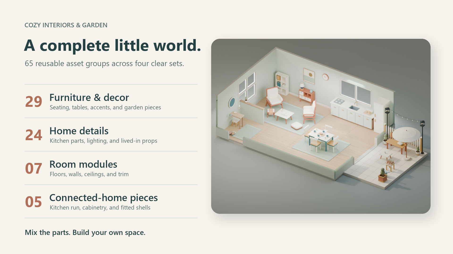 Overview of the 65 Cozy Interiors and Garden asset groups across four categories
